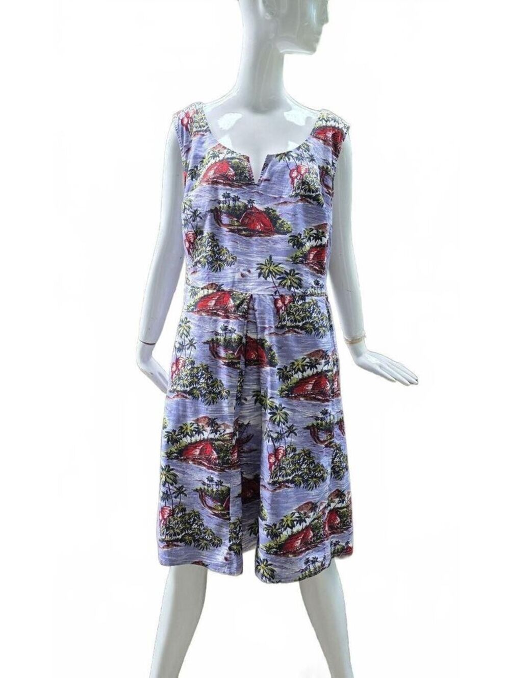 eShakti Cotton Island Print Empire Waist Cutout Neckline Dress Pockets XXL